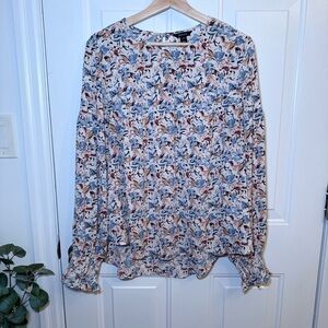 RW&CO. Blue and Tan Floral Long-Sleeve Blouse